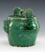 CHINESE SHIWAN POTTERY POURING VESSEL, green glazed all over, with bucket loop handle and stopper;