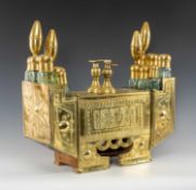 TURKISH SHEET BRASS & WOOD BOYACI SANDIGI (SHOESHINE BOX), fitted with glass bottles, 47 x 20 x