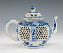 CHINESE BLUE & WHITE DOUBLE-WALLED TEAPOT & COVER, Kangxi, painted with scrolling lotus borders
