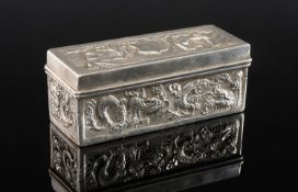 CHINESE SILVER BOX, Kwan Wo, Hong Kong (act. 1875-1940) hinged lid embossed with three Chinese