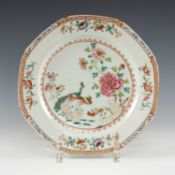 CHINESE 'DOUBLE PEACOCK' FAMILLE ROSE PLATE, Qianlong, decorated with large peony over birds perched