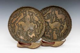 PAIR COPPER TRAYS & PAIR SLIPPERS, Indo-Persia, the trays embossed with figures and deer, possibly