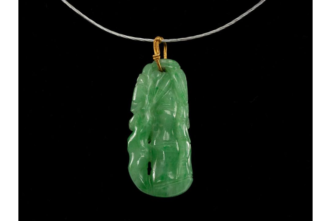 CHINESE JADEITE PENDANT & RATTAN BANGLE, pendant carved as a bamboo stem, apple green tone, yellow - Image 2 of 19