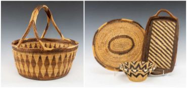 FOUR SWAZI BASKETRY HANDICRAFTS, including large circular basket with overhandle, 46cms h, two