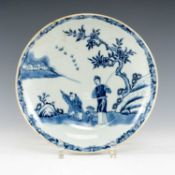 CHINESE BLUE & WHITE SAUCER DISH, late Qing Dynasty, painted with Xi Wang Mu beside deer and