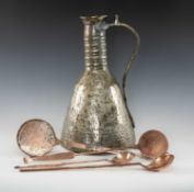 TURKISH WATER VESSEL & COOKING UTENSILS, the tinned copper vessel with tall ribbed neck with loop