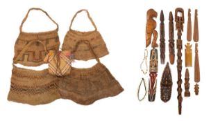COLLECTION PAPUA NEW GUINEA SOUVENIRS, including 4 billum bags, small Sepik masks, 2 strung