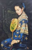 AFTER CHEN YIFEI (1946-2005) oil on canvas - woman in blue silk gown, with paper fan, 89.5 x 59.5cms