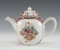 CHINESE FAMILLE ROSE TEAPOT & COVER, Qianlong, painted with bronze urn of flowers reserved on a pink