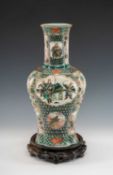 CHINESE FAMILLE VERTE PORCELAIN BALUSTER VASE, late Qing Dynasty, oval quatre-lobed section,