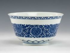 CHINESE BLUE & WHITE PORCELAIN BOWL, exterior painted with broad band of formal scrolling lotus,