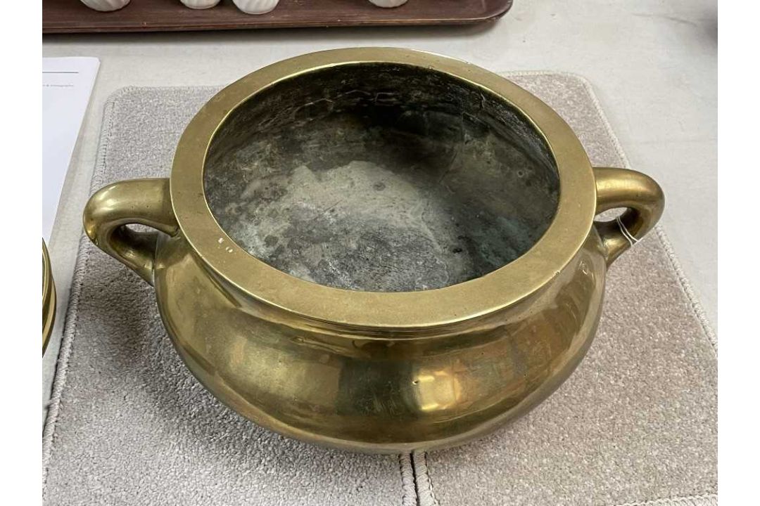 LARGE CHINESE BRONZE CENSER ON STAND, Qing Dynasty, bombé form with twin loop handles, on tripod - Image 4 of 13