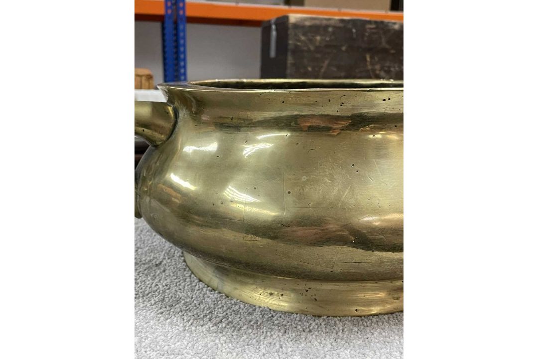 LARGE CHINESE BRONZE CENSER ON STAND, Qing Dynasty, bombé form with twin loop handles, on tripod - Image 12 of 13