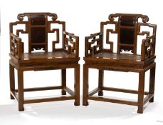 PAIR CHINESE JUMU & HONGMU ARMCHAIRS, square seats and squared scroll arms, the backs inlaid with
