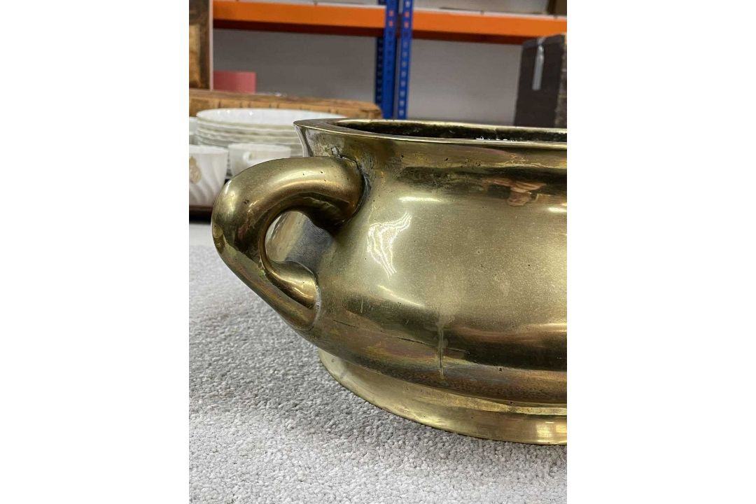 LARGE CHINESE BRONZE CENSER ON STAND, Qing Dynasty, bombé form with twin loop handles, on tripod - Image 9 of 13