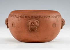 CHINESE YIXING POTTERY BRUSH WASHER, with applied lion masks to edge below cloud collar and