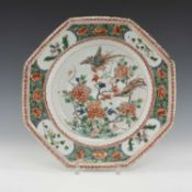 CHINESE FAMILLE VERTE PORCELAIN OCTAGONAL DISH, Kangxi, painted with pair golden pheasants in a
