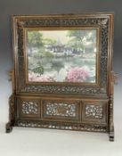 CHINESE SILK-EMBROIDERED SCREEN, modern, depicting an ornamental garden on both sides, in pierced