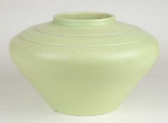KEITH MURRAY FOR WEDGWOOD: LIME GREEN SQUAT VASE, facsimile signature factory mark, 17cms (h)