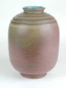 NORMAN WILSON FOR WEDGWOOD: MOTTLED GREEN & PURPLE GLAZED RIBBED VASE with turquoise glazed