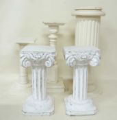 PAIR OF SHORT PAINTED CARVED WOODEN COLUMN STANDS, each 60cms (h), tops 31.5cms; large painted