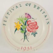POOLE POTTERY 'FESTIVAL OF BRITAIN' COMMEMORATIVE PLATE, c. 1951, centre decorated with the floral