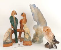 SPANISH PORCELAIN MODEL OF AN EAGLE with wings outstretched, 41cms (h); together with a pottery owl,