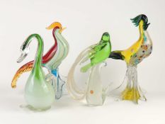 FOUR MURANO COLOURED GLASS BIRDS, including green and gilt speckled bird of paradise, with applied