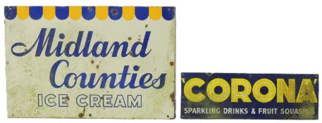 MIDLAND COUNTIES ICE CREAM ENAMEL SIGN, 1970s, 91 x 61cms; together with Corona - Sparkling Drinks &