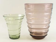 WHITEFRIARS LARGE SMOKED GLASS RIBBED VASE, 31.5cms (h); together with a Whitefriars green tinted