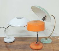 SOLÈRE FLYING SAUCER TABLE LAMP with a white finish, blue shade, 56cms (h); together with a