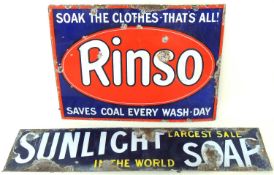 RINSO ENAMEL SIGN, 61 x 47cms; together with Sunlight Soap enamel sign, 92 x 20.5cms (2) Provenance: