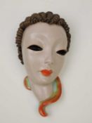 GOLDSCHEIDER WALL MASK, brown and orange glaze, impressed marks to reverse, 28cms (h) Provenance: