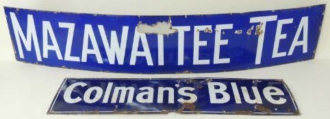 MAZAWATTEE TEA ENAMEL SIGN, 241 x 46cms; together with Colman's Blue enamel sign, 156 x 47cms (2)