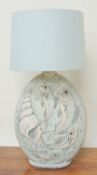 LARGE & DECORATIVE GREY STONEWARE TABLE LAMP, decorated with incised fish, 47cms (h) (to top of