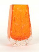 WHITEFRIARS 'COFFIN' GLASS VASE, designed by Geoffrey Baxter, bark finish in Tangerine orange, 13.