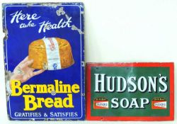 BERMALINE BREAD ENAMEL SIGN, 61 x 14.5cms; together with Hudson's Soap enamel sign, 30 x 46cms (2)