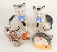 PAIR OF LATE VICTORIAN STAFFORDSHIRE POTTERY CATS, 22cms (h); together with a Babbacombe pottery cat