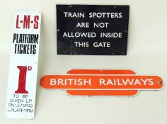 'TRAINSPOTTERS ARE NOT ALLOWED INSIDE THIS GATE' ENAMEL SIGN, dark blue background, 23 x 30.5cms;