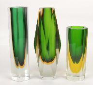 MURANO SOMMERSO FACETED GLASS VASE, and two octagonal vases, green core cased in clear and yellow,