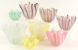 SMALL COLLECTION OF VENINI, MURANO HANDKERCHIEF BOWLS, each decorated with white latticino canes, in