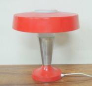 VINTAGE RED PAINTED METAL, BRUSHED ALUMINIUM & FROSTED GLASS TABLE LAMP, probably late 1960s,