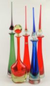 FIVE MURANO SOMMERSO COLOURED GLASS BOTTLES, four with original stoppers, one with Venetian Art
