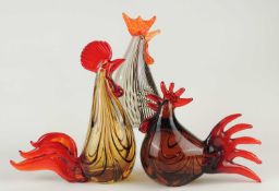 THREE GLASS COCKERELS, green and red latticino cockerel, 24cms (h); black and white latticino