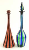 VENINI, MURANO BLACK & ORANGE STRIPED GLASS BOTTLE & STOPPER, 29cms (h); together with a Venini