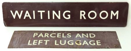 BRITISH RAILWAYS (M) PLATFORM SIGN: 'WAITING ROOM', 153 x 30.5cms; together with 'PARCELS & LEFT