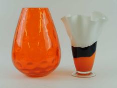 ITALIAN ORANGE OPTIC DOT ART GLASS VASE, 1970s, 32cms (h); together with a decorative orange, black,