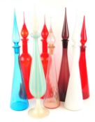 VENETIAN TURQUOISE & WHITE STRIPED GLASS BOTTLE, with trumpet base and stopper, 67cms (h); also five