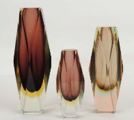 MURANO SOMMERSO FACETED GLASS VASES, set of three graduated, purple cased in clear and yellow, 27.