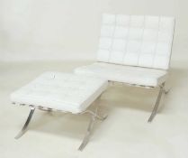 MODERN BARCELONA CHAIR & STOOL, upholstered throughout in cream leather, after an original by Mies